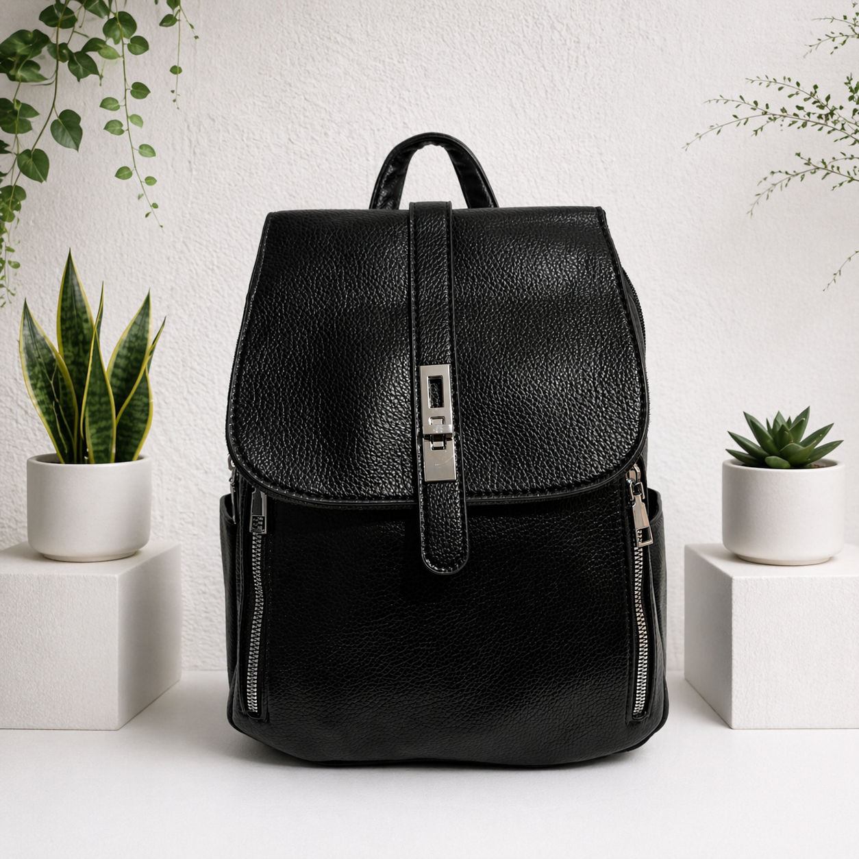 black vegan leather backpack ISABELLA – vicky-bags sideplates__GR Yellow Over White Bundle & Save:1x Multiple Interior