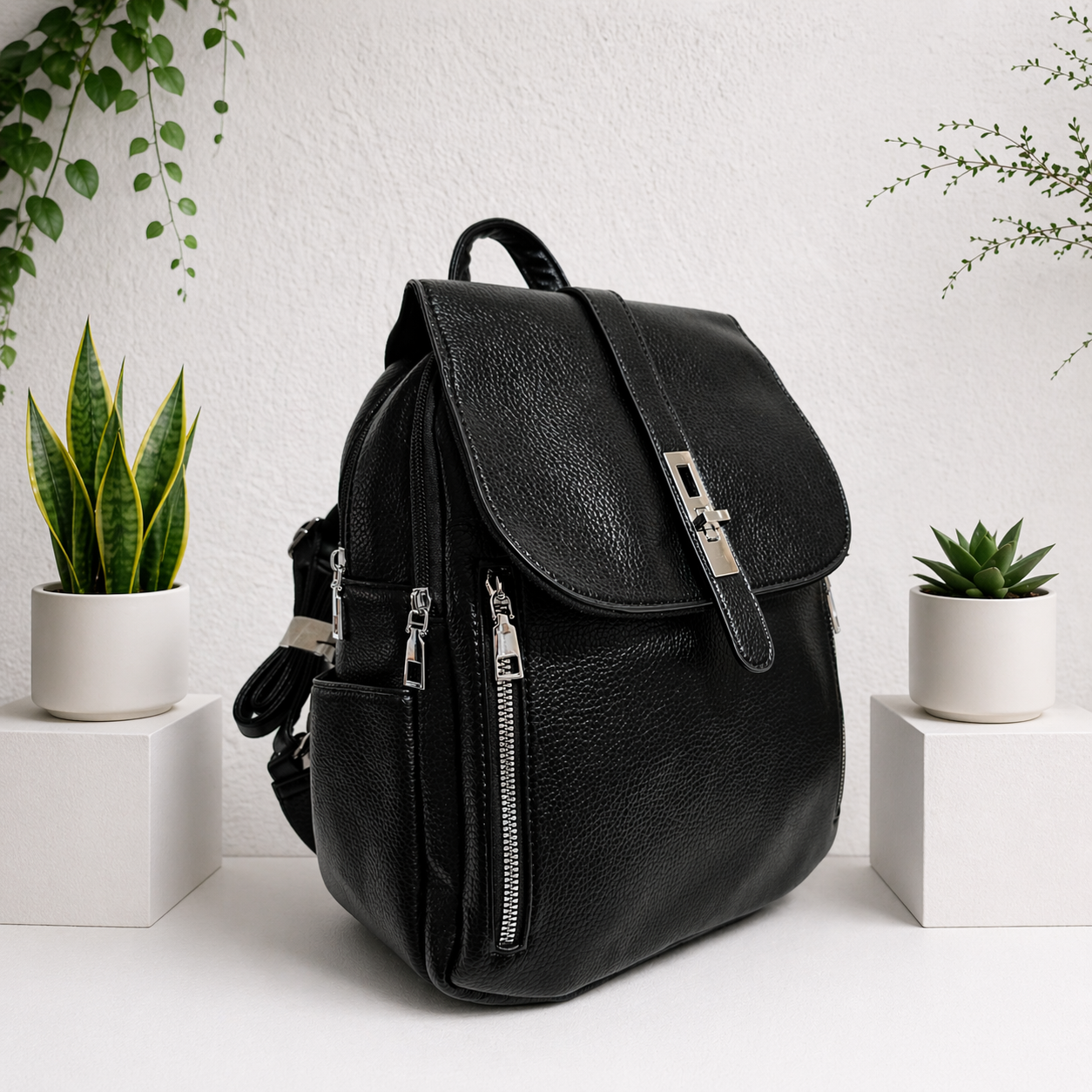 ISABELLA BLACK VEGAN LEATHER BACKPACK