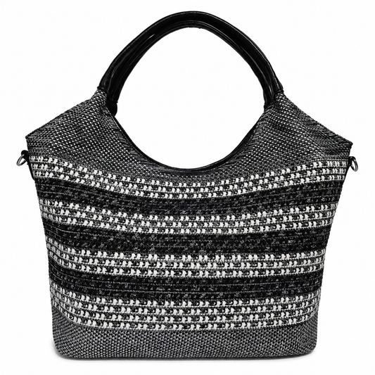 BETH BLACK AND WHITE WOVEN FAUX LEATHER TOTE BAG