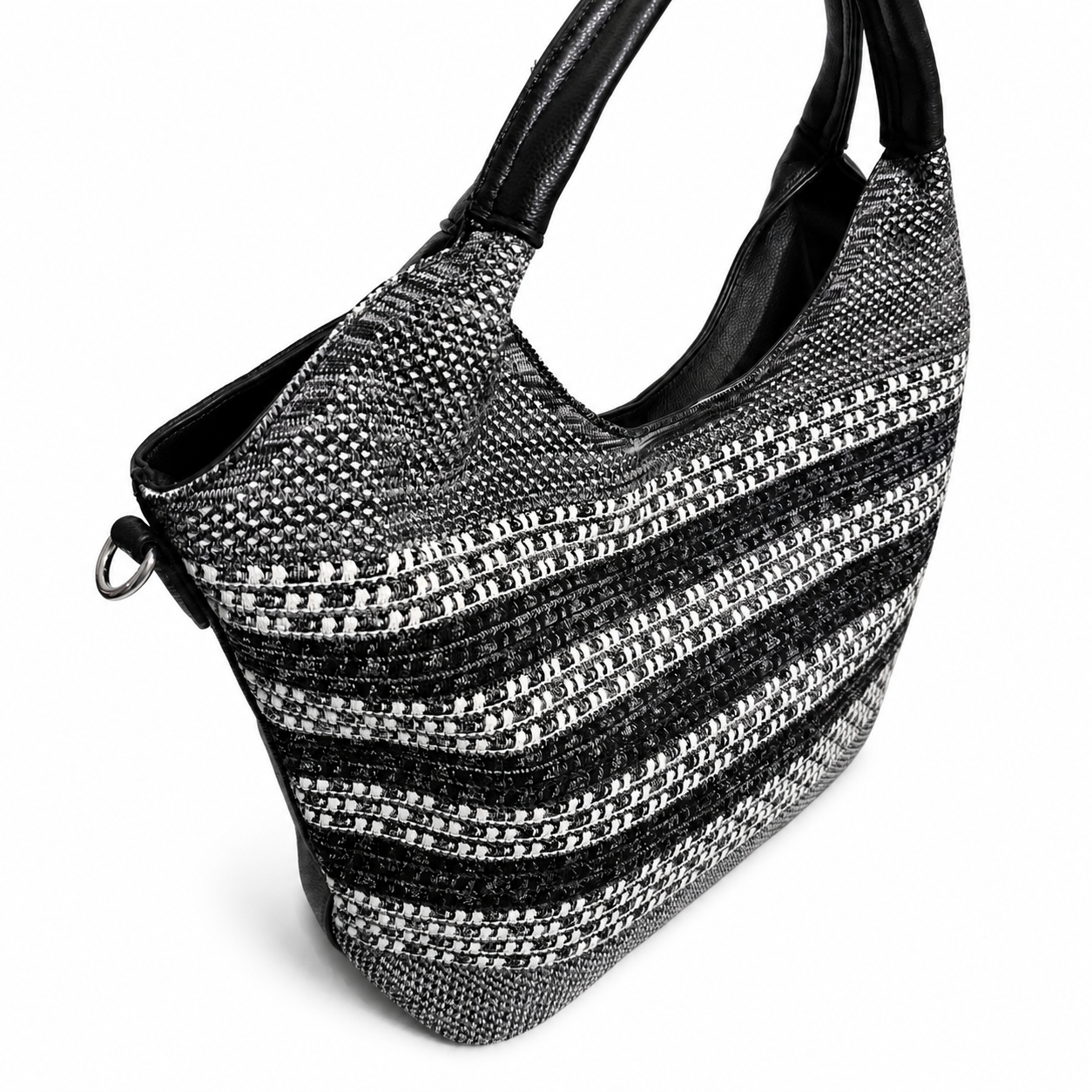 BETH BLACK AND WHITE WOVEN FAUX LEATHER TOTE BAG