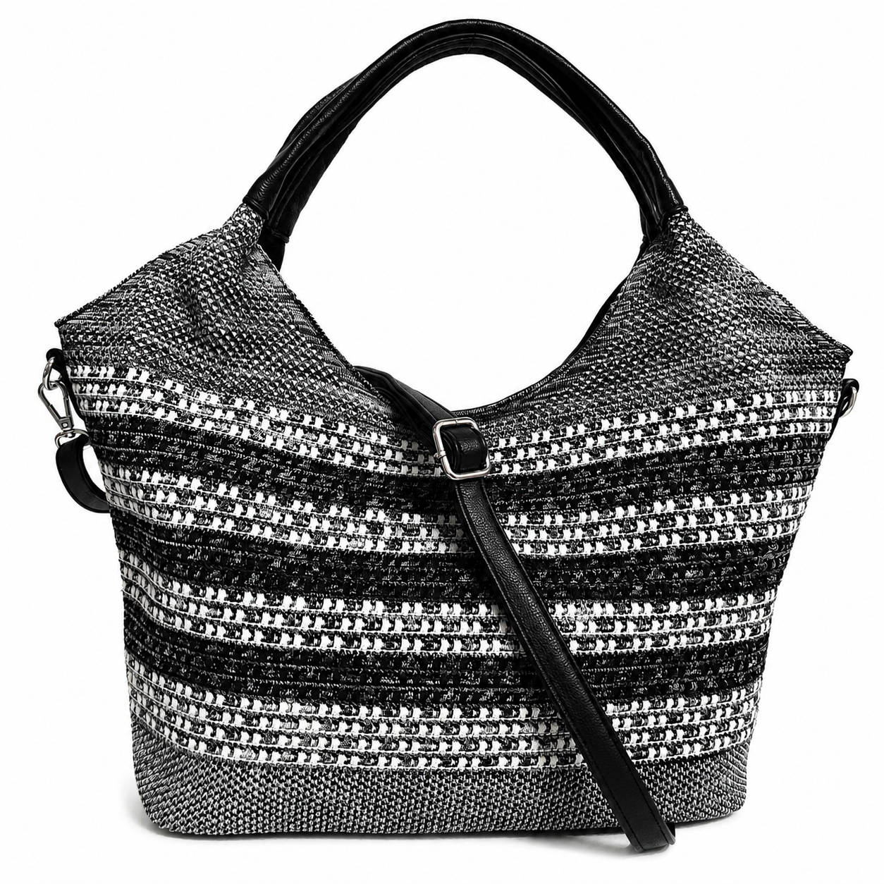 BETH BLACK AND WHITE WOVEN FAUX LEATHER TOTE BAG