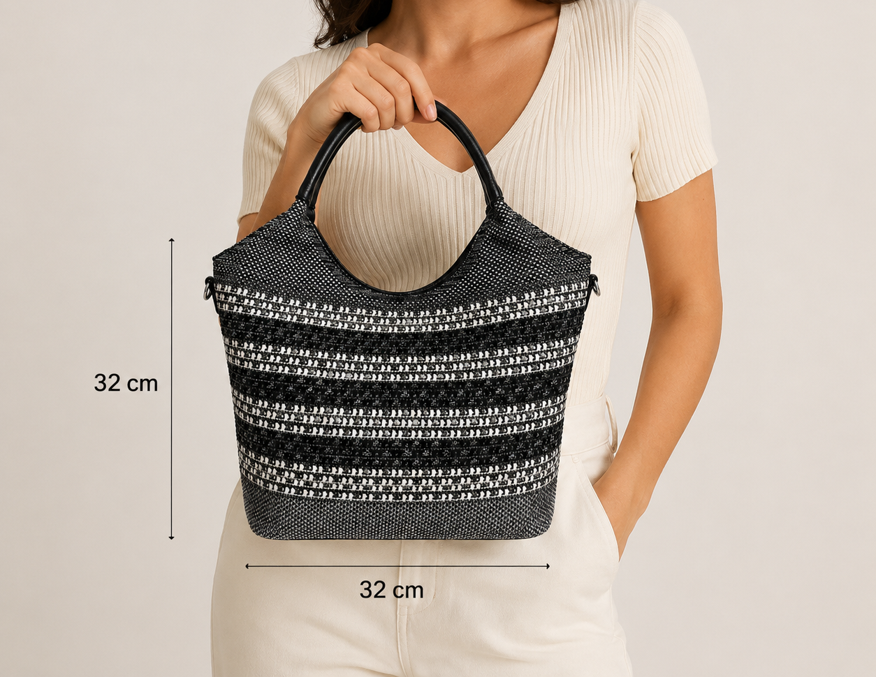 BETH BLACK AND WHITE WOVEN FAUX LEATHER TOTE BAG